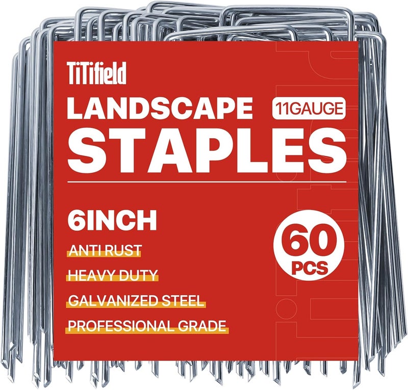 TiTifield Landscape Staples 6 Inch 60 Pack 11 Gauge, Garden Staples Galvanized Landscape Pins Anti-Rust Landscape Fabric Stakes for Securing Irrigation Tubing, Fence, Weed Barrier, Ground Cover - Image 1